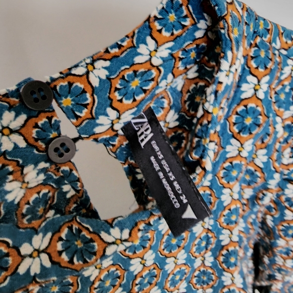 Zara Longsleeve Blouse Shirt Blue Tan Pattern - Picture 6 of 10